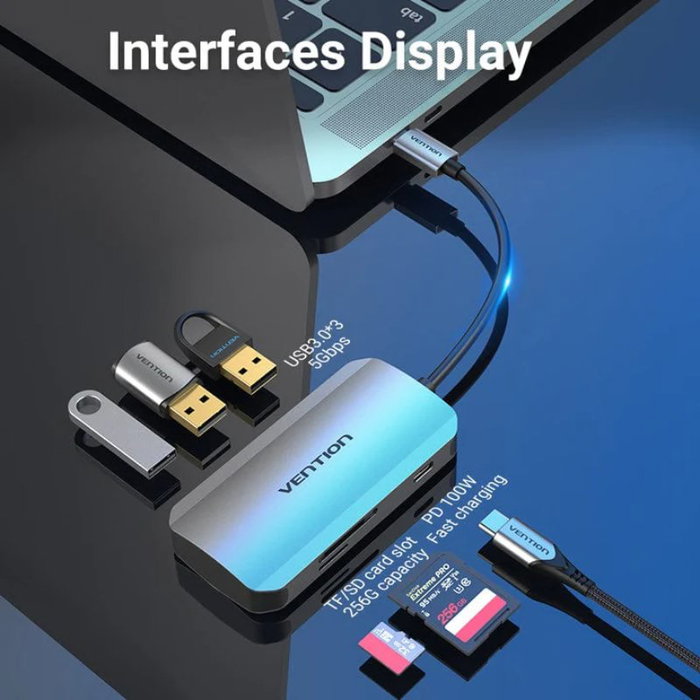 Vention Docking USB Tipo-C TNHHB con 3xUSB, 1xUSB Tipo-C PD y lectores de tarjetas SD/MicroSD - Gris